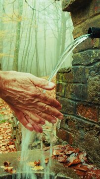 An Elderly Man's Hands Cooling Down in a Mountain Spring Fountain on a Foggy Day