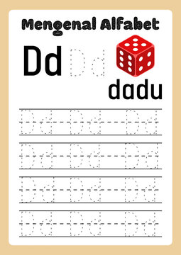 Educational alphabet tracing worksheet for letter D, Indonesian Mengenal Alfabet Dadu lesson, preschool handwriting practice page