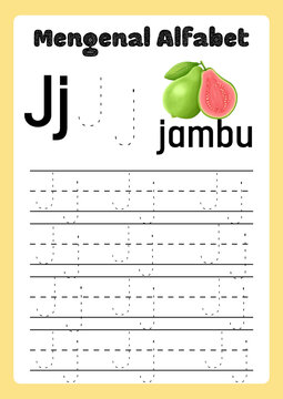 Educational alphabet tracing worksheet for letter J, preschool handwriting practice page with guava fruit illustration, Indonesian language learning