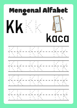 Educational alphabet tracing worksheet for letter K, preschool handwriting practice page, Indonesian language learning material for kids