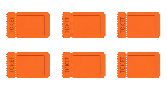 Set of six orange blank admission tickets isolated on transparent background
