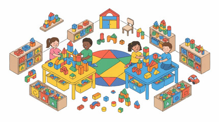Fototapeta premium Colorful Playroom with Children and Toys.