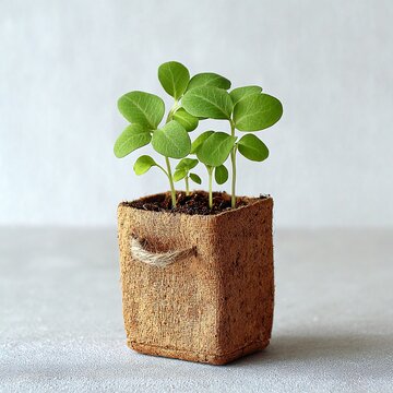 A small, square container made of textured, natural material holds several small green plants with rounded leaves, against a simple grey backdrop