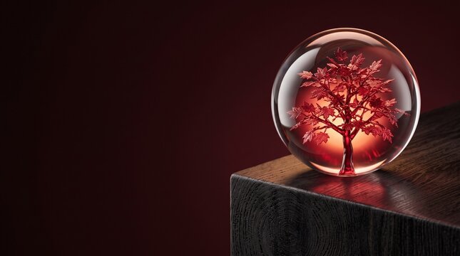 Glowing glass sphere with microscopic ruby autumn maple tree inside on dark ebony wood step against deep maroon background for luxury autumn banner template with copy space