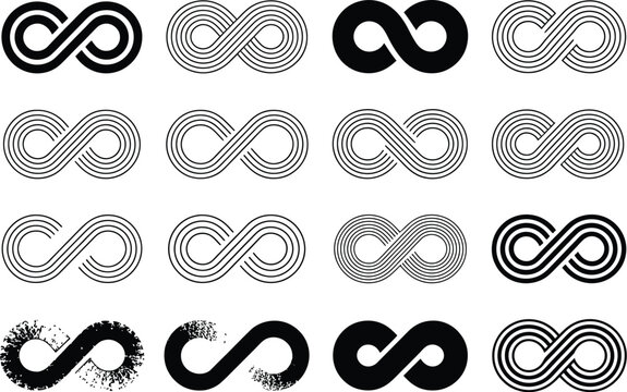 Infinity symbol icon collection featuring endless loop abstract geometric continuous line symbols modern minimalist black and white vector designs