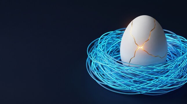 Futuristic white porcelain egg with glowing golden crack in nest of illuminated blue fiber optic cables on dark background with copy space