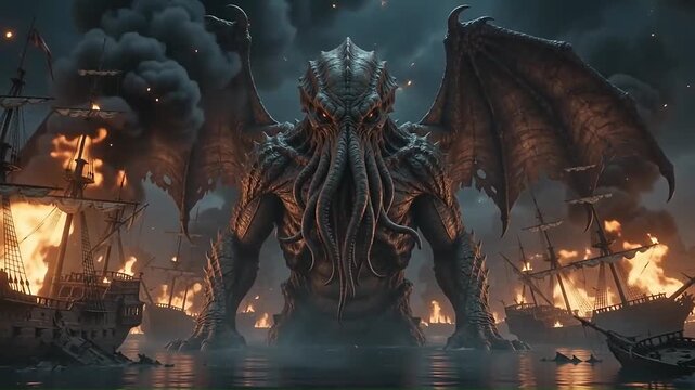 Colossal Winged Sea Monster Destroying Burning Sailing Ships at Night