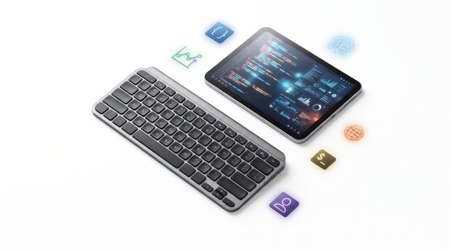 Modern wireless keyboard and digital tablet with software code, futuristic programming workspace, high-tech mobile development tools