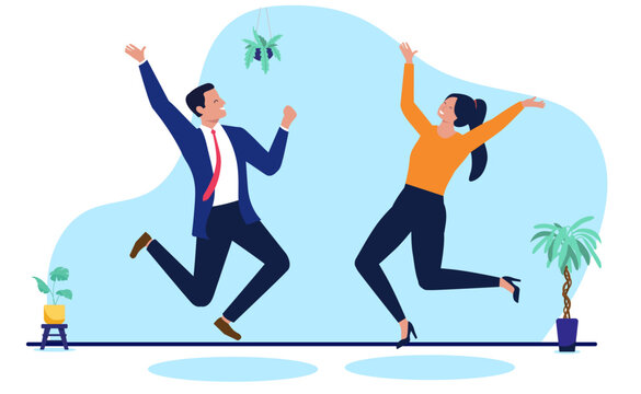 Happy businessman and businesswoman jumping with joy in modern office, celebrating business success, teamwork victory, career goal achievement and financial growth, flat design vector illustration