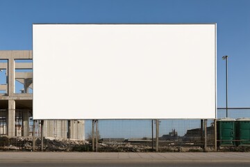 Fototapeta premium Large blank billboard stands against a clear blue sky, near construction
