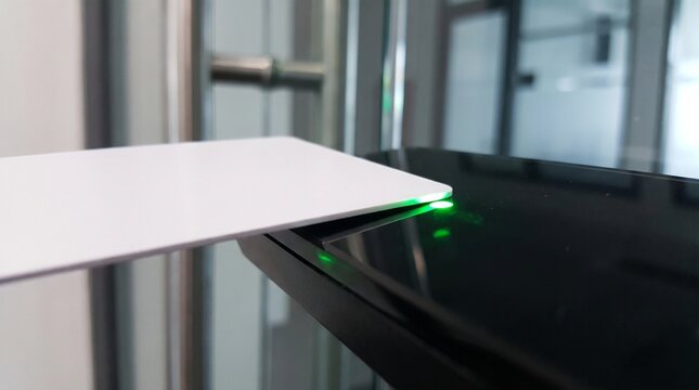 Conceptual extreme macro of a blank RFID smart card tapping a textless reader surface