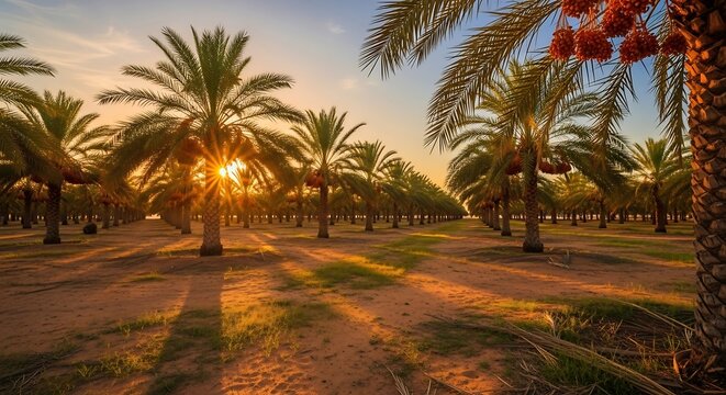 Beautiful date palm plantation during a vibrant golden hour sunset.