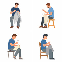 Fototapeta premium Set of four men sewing and mending clothes flat vector illustration isolated on white background
