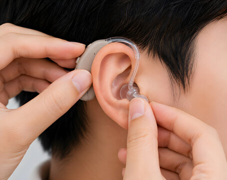 Close up of audiologist fitting behind the ear hearing aid BTE on patient ear