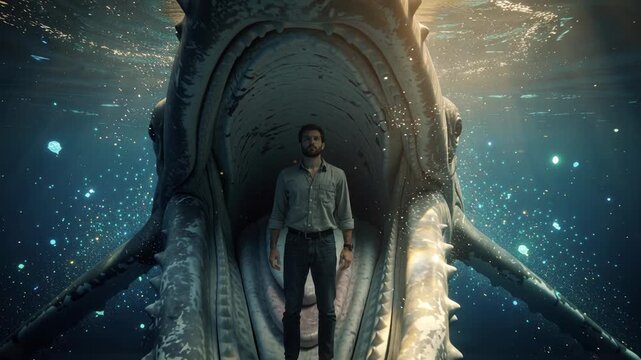 Man standing inside open mouth of giant whale underwater