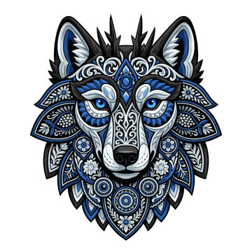 detailed zentangle wolf head ornament design blue and white symmetrical tribal mandala pattern for apparel print sublimation decals clothing stickers neo traditional tattoo graphic art
