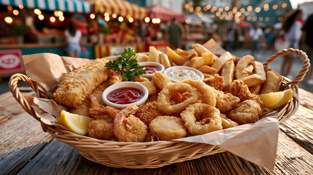 Fried seafood platter with crispy calamari and dipping sauce