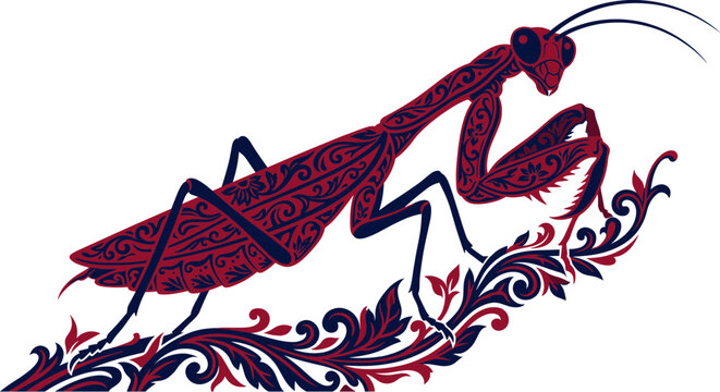 ornate praying mantis insect damask floral filigree baroque branch entomology bug emblem gothic dark academia laser cut wood plaque tattoo flash embroidery patch apparel decal
