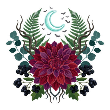 gothic dark botanical dahlia flower glowing crescent moon bats ferns berries branches witchy pagan altar samhain occult tarot card cover wall tapestry apparel print template
