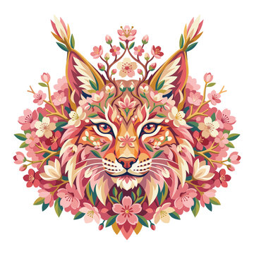 pastel lynx head portrait cherry blossom branches crown sakura floral spring feline wildcat tufted ears cottagecore botanical emblem embroidery patch cosmetic packaging print art
