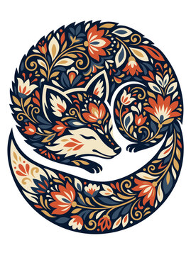 sleeping curled fox circular emblem slavic folk art autumn floral botanical damask scandinavian woodland animal rustic cozy nursery wall decor linocut tapestry ceramic coaster template
