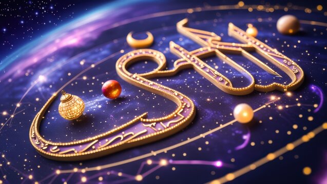 Cosmic 3D gold Arabic calligraphy floating in space with planets starry galaxy and mystical celestial constellations