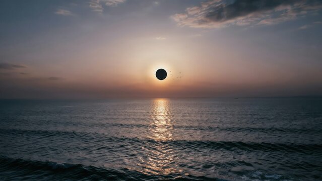 Dramatic sunset over calm ocean with silhouetted horizon, cinematic atmosphere dramatic sky