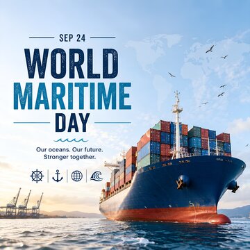 World maritime day poster with cargo ship
