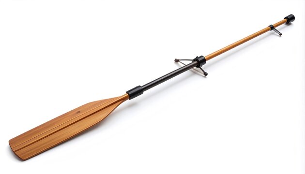 A single wooden oar, light brown, set against a bright white background, used for propelling a boat. It appears new and unused