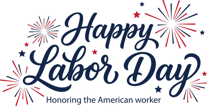 Happy labor day vector graphic illustration featuring elegant blue typography with decorative red and white starburst elements for national celebration