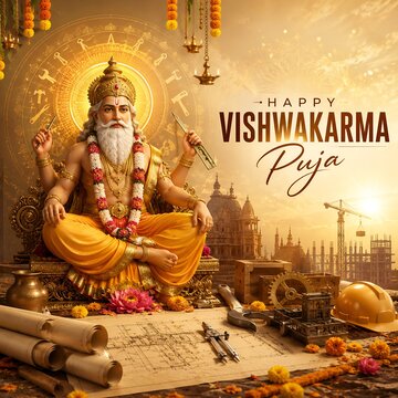 Happy vishwakarma puja celebration with deity statue