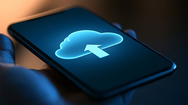 Smartphone screen displays a glowing blue cloud icon pointing upwards, representing data storage and secure cloud computing solutions for seamless digital access