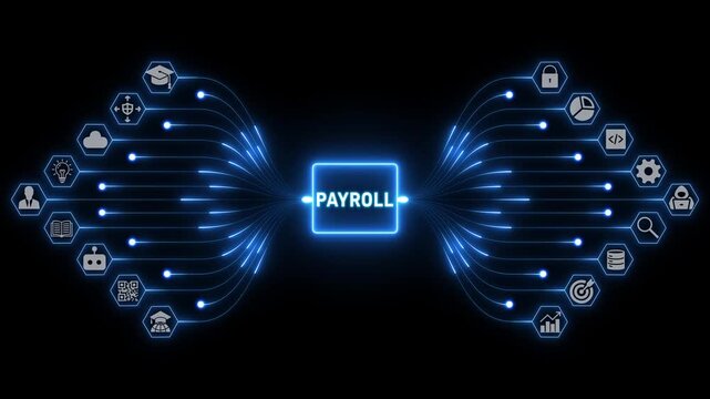 Payroll management with connected finance and workforce icons linked by glowing data pathways in a futuristic business network, 4K black background visuals