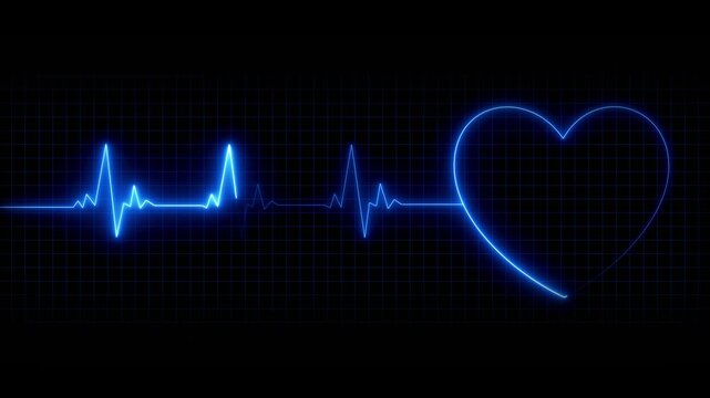 Blue neon heartbeat waveform forming a heart shape across a glowing medical grid, digital cardiovascular pulse visualization on a dark background 4k visuals