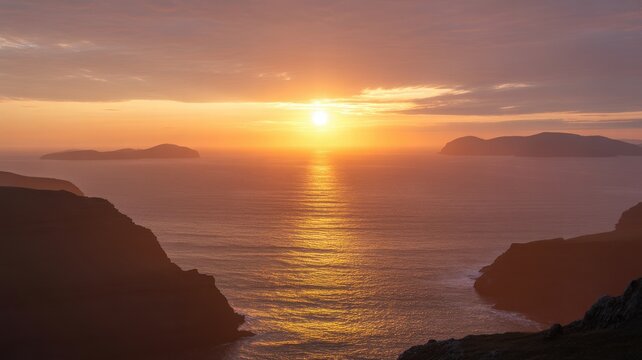 Golden sunset over calm ocean with silhouetted islands and sky reflections golden hour calm water