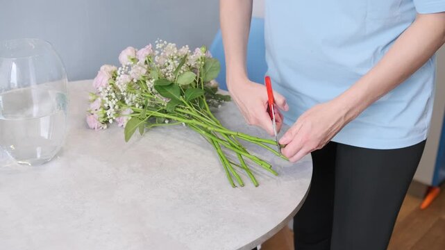 female hands cut flower stems with sharp scissors on table. preparing flower for glass vase with water. proper flower preparation ensures long lasting beauty and freshness