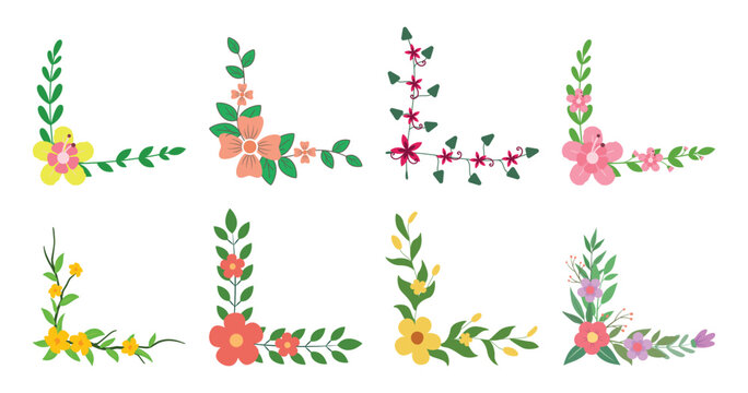 Beautiful botanical corner borders pack. Flat vector illustration of elegant floral edge frames for wedding invitation cards.
