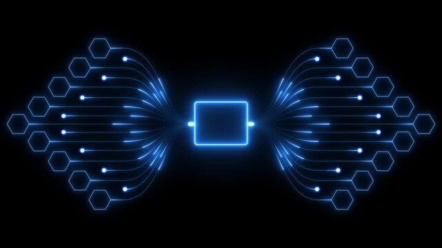 Blue neon data network with flowing connection lines linking hexagonal nodes to a central digital interface on black background transparent background 4k visuals