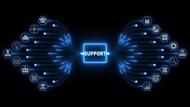 Support concept with connected service icons and luminous data pathways forming a digital assistance network on black, transparent background 4k visuals