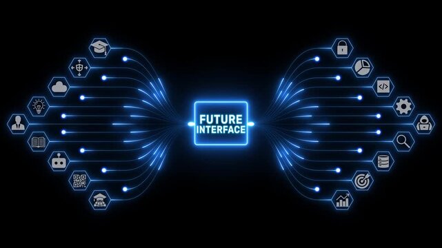 Future interface with connected digital icons and glowing data pathways creating a futuristic network visualization on black background, 4k animation video