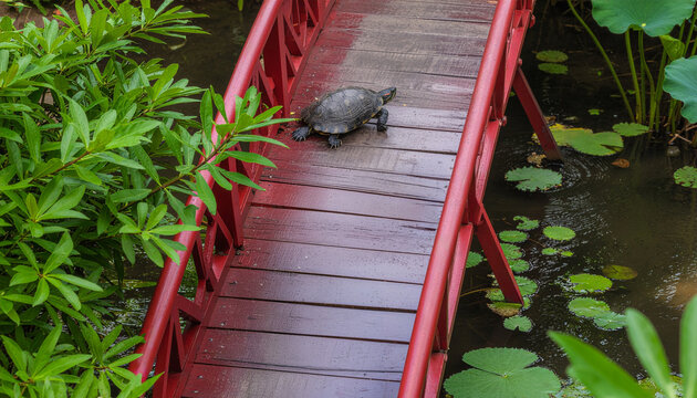Turtle Crossing a Red Bridge- Generative AI