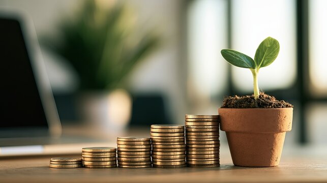 Tiny seedling sprouting from soil, nestled among stacks of coins, demonstrates financial growth and investment concept near a blurred laptop