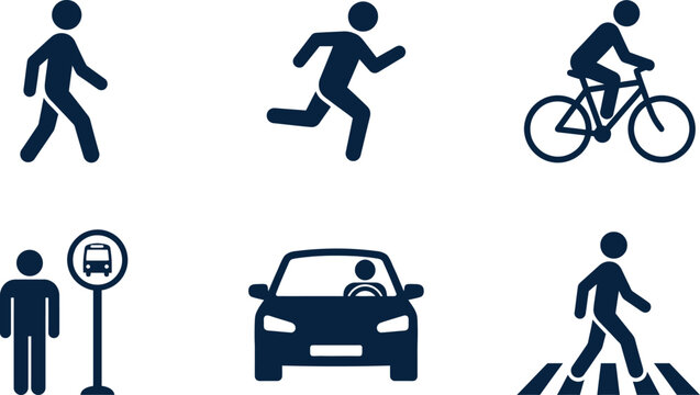 Set of urban mobility and transportation icons including walking pedestrian running person bicycle cyclist bus stop and car with transportation