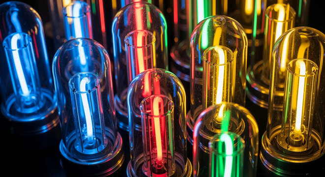 A collection of colorful glowing noble gases including neon, argon, and krypton in sealed glass discharge tubes.