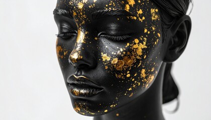 Obraz premium Artistic portrait of a young woman with elegant black face makeup and shimmering golden paint splashes on a clean and bright white background.