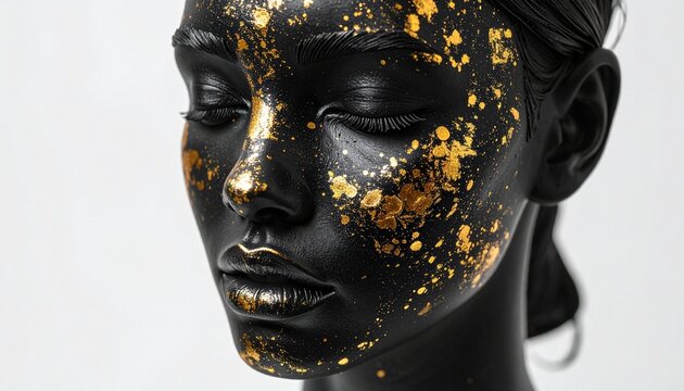 Artistic portrait of a young woman with elegant black face makeup and shimmering golden paint splashes on a clean and bright white background.