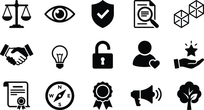 Collection of business ethics compliance legal and strategy black silhouette icons on white background with scales of justice
