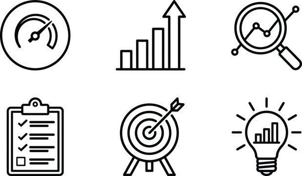 Set of business performance analysis and strategy black and white line icons including speed gauge and growth chart with magnifying glass