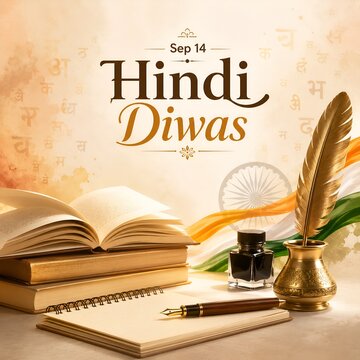 Hindi diwas celebration with books and quill