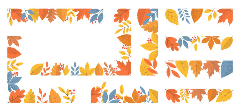 Set of autumn borders, frames, and corner arrangements with fall leaves